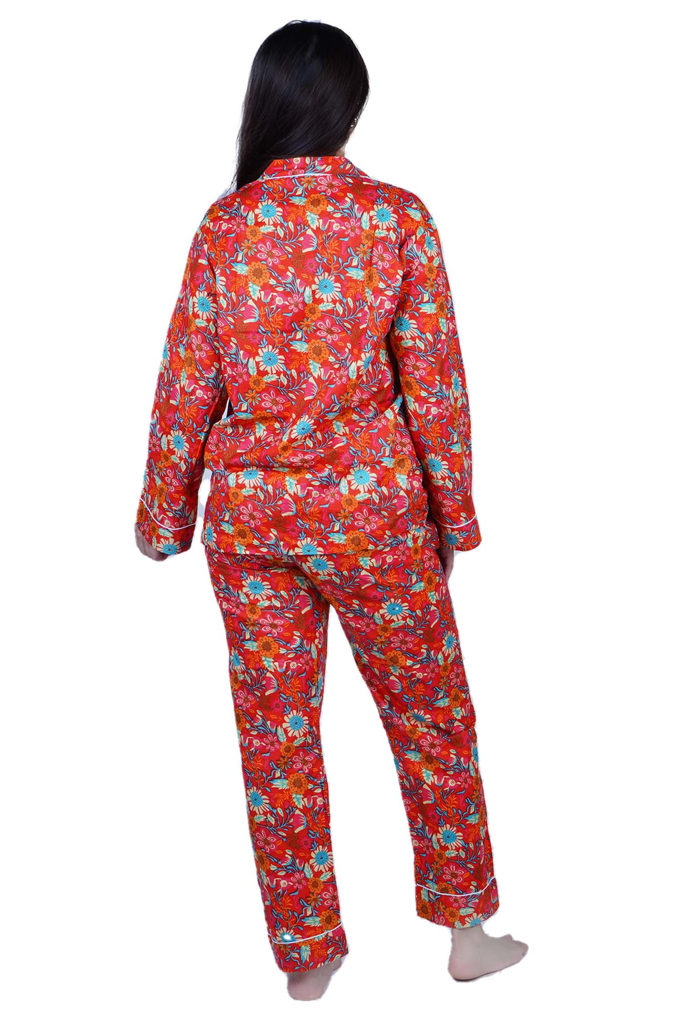 Long Cotton Pyjama Set - Red Floral