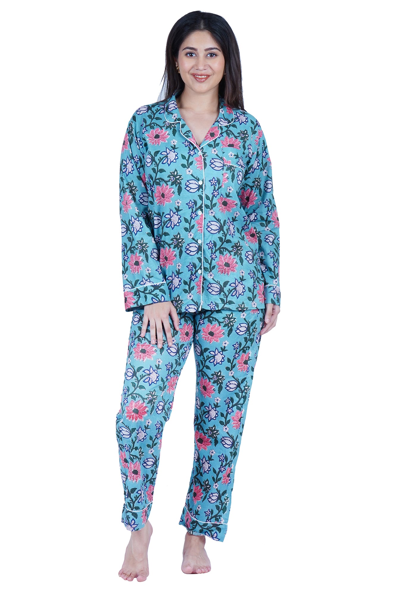 Long Cotton Pyjama Set - Blue Floral