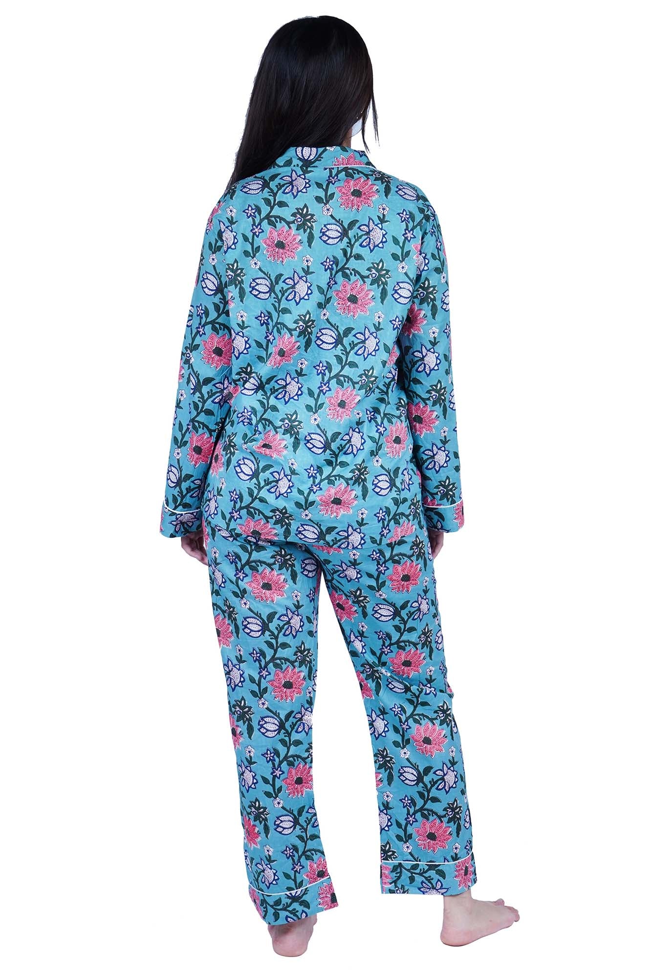 Long Cotton Pyjama Set - Blue Floral