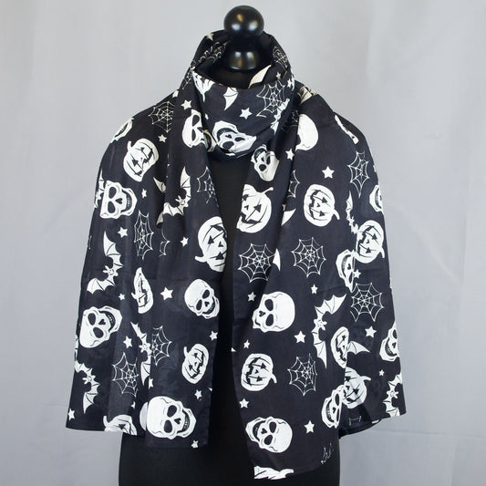 Halloween Spooky Pumpkin & Skull Print Women's Lightweight Scarf - Black & White