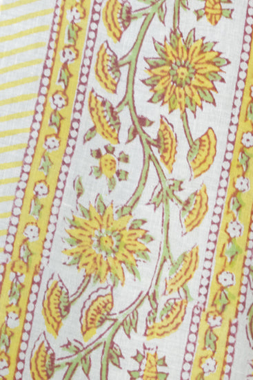 Hand Block Print Voile Soft Cotton Sarong - White Yellow Lotus