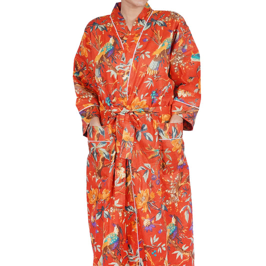 Orange Tropical Birds Print Cotton Kimono Dressing Gown