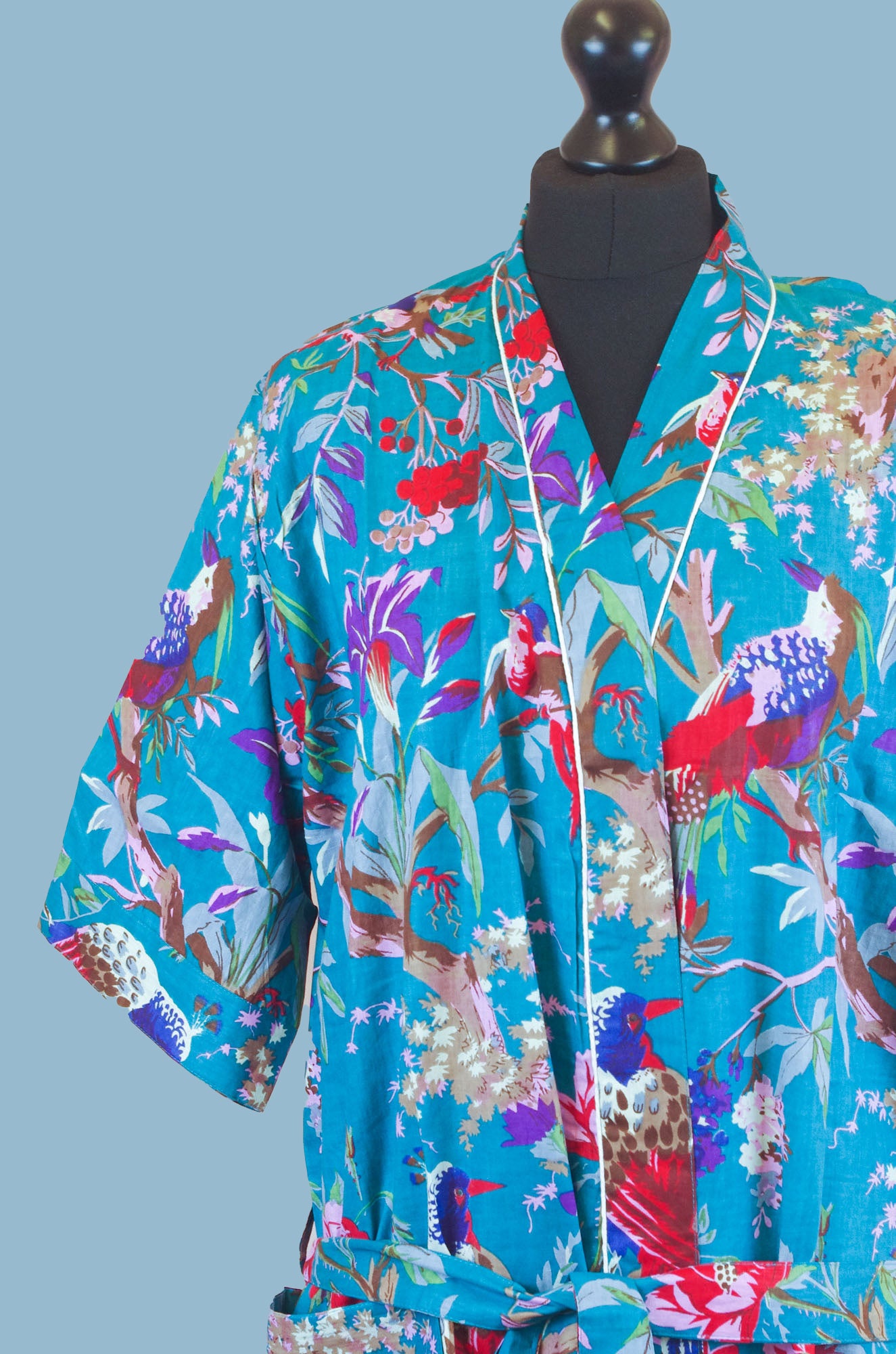 Blue Tropical Birds Print Cotton Kimono Dressing Gown