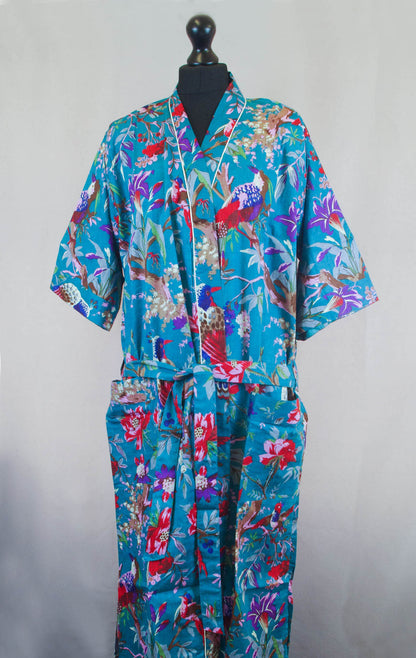 Blue Tropical Birds Print Cotton Kimono Dressing Gown