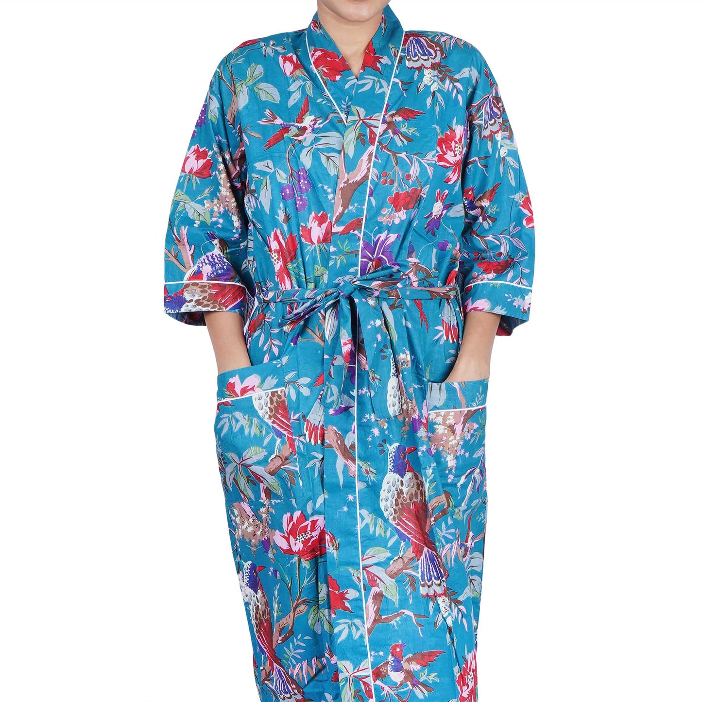 Blue Tropical Birds Print Cotton Kimono Dressing Gown