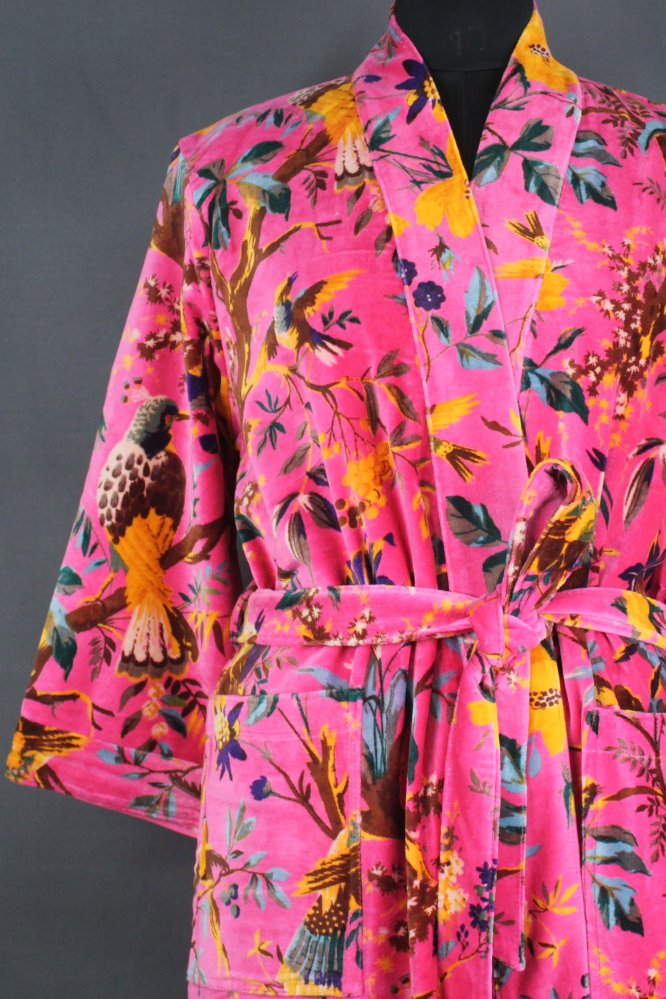 Luxury Pink Yellow Bird of Paradise Velvet Kimono Boho Robe With Lining