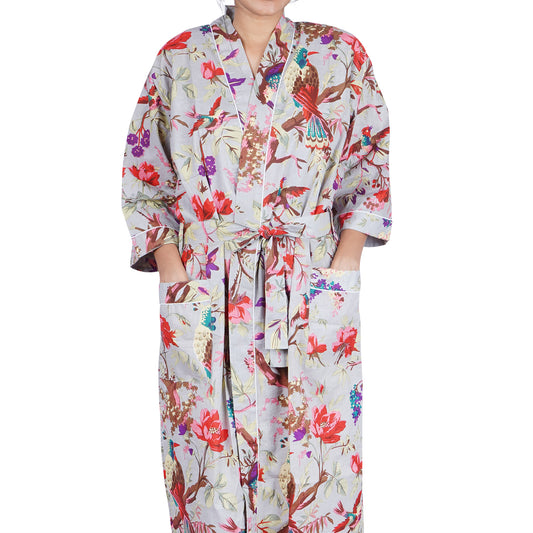 Grey Tropical Birds Print Cotton Kimono Dressing Gown