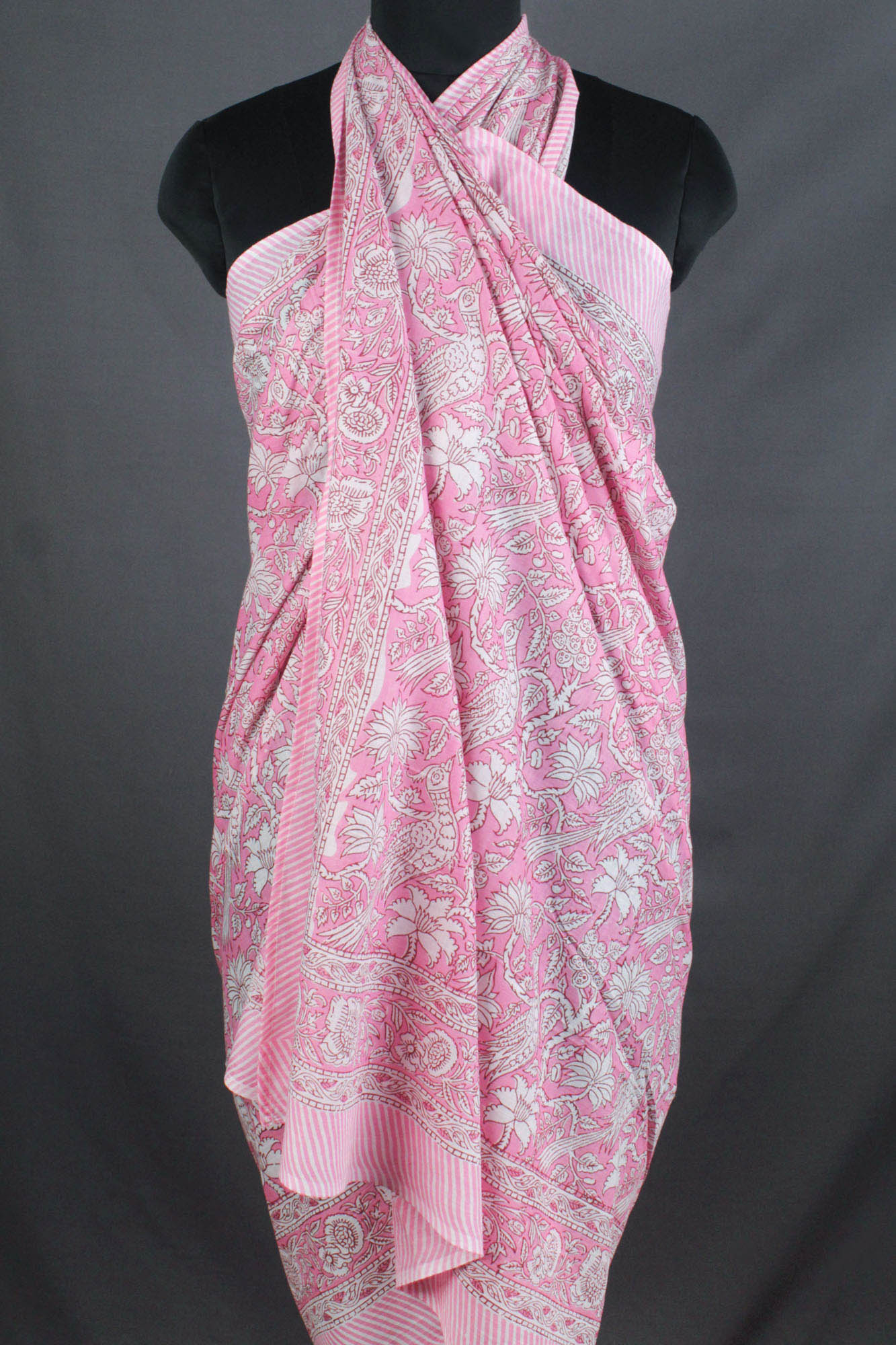 Hand Block Print Voile Soft Cotton Sarong - Pink White Bird