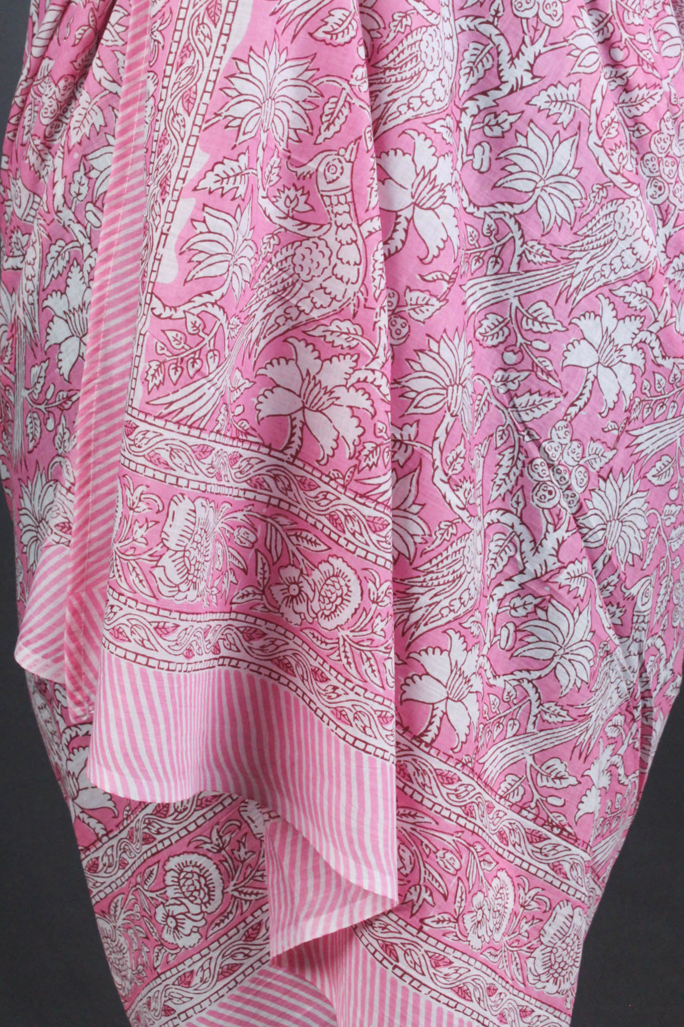 Hand Block Print Voile Soft Cotton Sarong - Pink White Bird