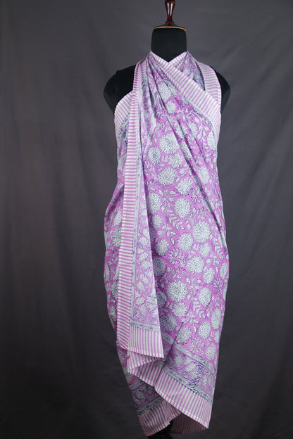 Hand Block Print Voile Soft Cotton Sarong - Purple White Floral