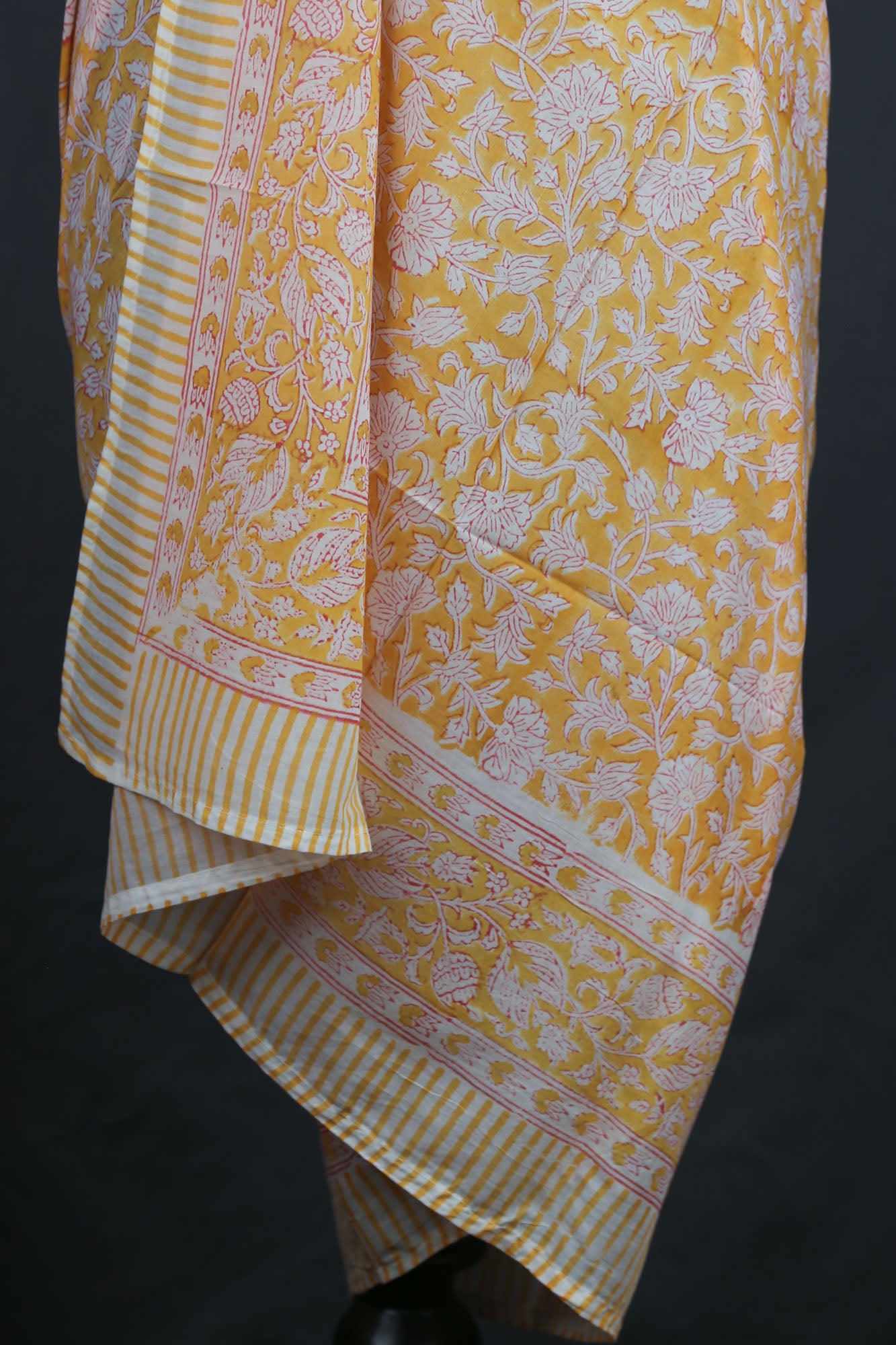 Hand Block Print Voile Soft Cotton Sarong - Yellow White Floral