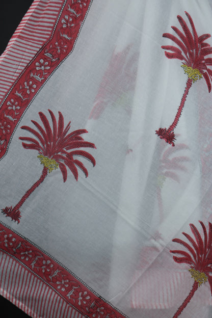 Hand Block Print Voile Soft Cotton Sarong - White Pink Tree Print