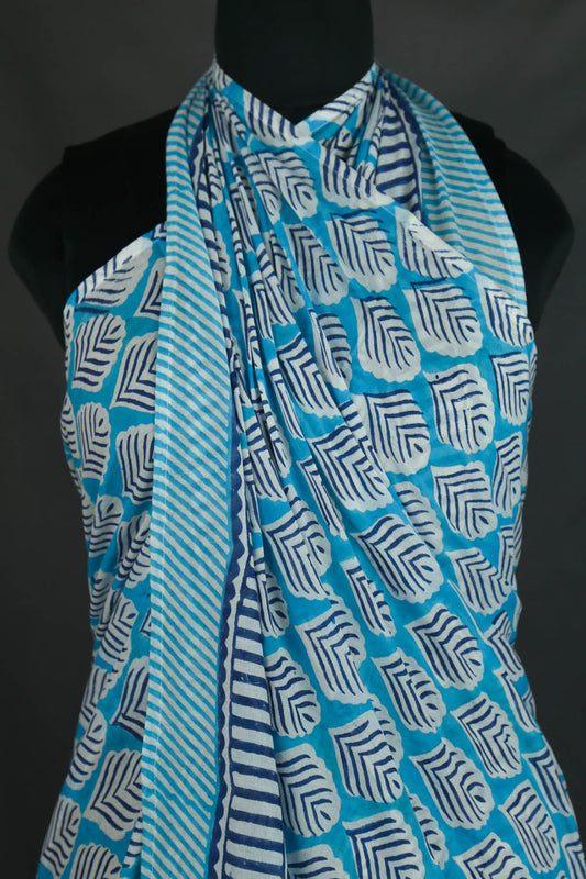 Hand Block Print Voile Soft Cotton Sarong - Blue Leaves