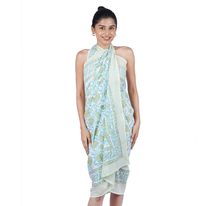 Hand Block Print Voile Soft Cotton Sarong - Green Tropical Fruits