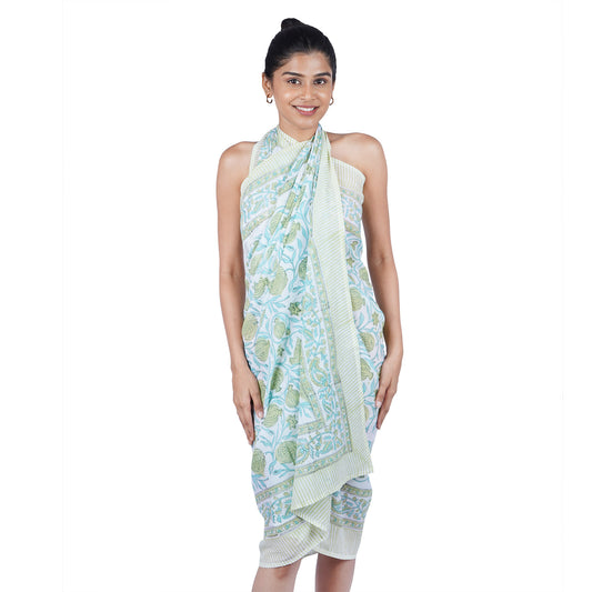 Hand Block Print Voile Soft Cotton Sarong - Green Tropical Fruits