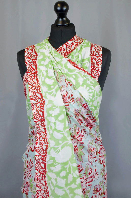 Hand Block Print Voile Soft Cotton Sarong - Red Flowers On Mint