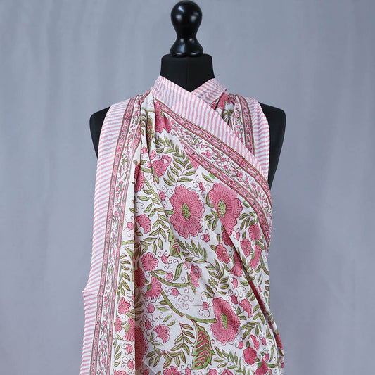 Hand Block Print Voile Soft Cotton Sarong - Cream Base Pink Floral