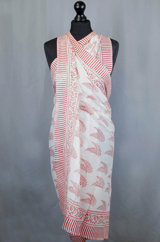 Hand Block Print Voile Soft Cotton Sarong - Red Fern Leaf