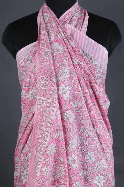 Hand Block Print Voile Soft Cotton Sarong - Pink White Bird