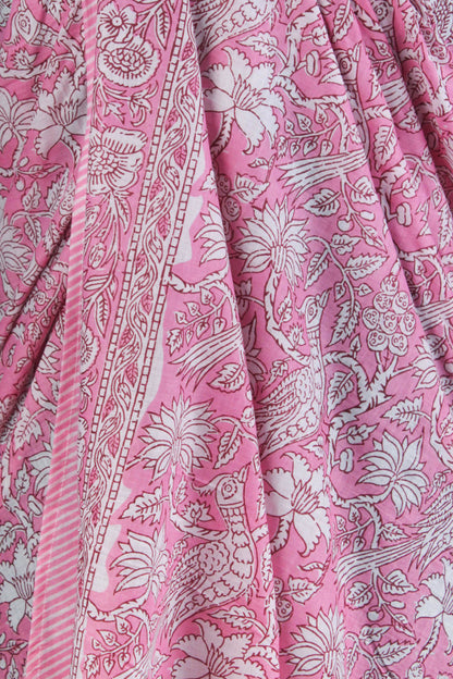 Hand Block Print Voile Soft Cotton Sarong - Pink White Bird