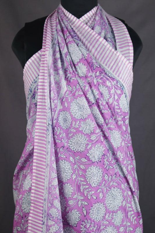 Hand Block Print Voile Soft Cotton Sarong - Purple White Floral