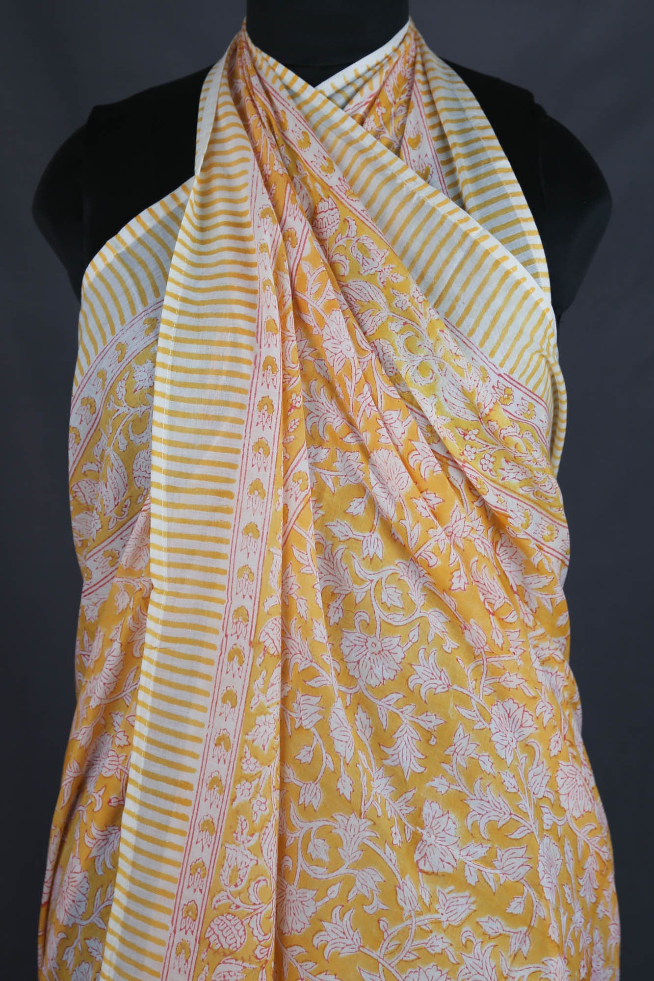 Hand Block Print Voile Soft Cotton Sarong - Yellow White Floral