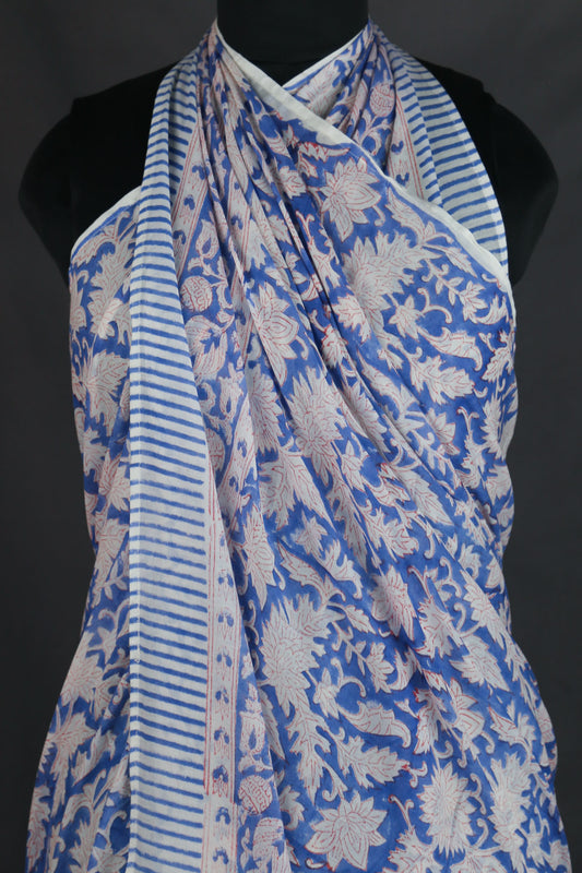 Hand Block Print Voile Soft Cotton Sarong - Blue White Floral