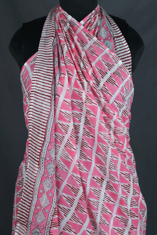 Hand Block Print Voile Soft Cotton Sarong - Pink Chevron Print