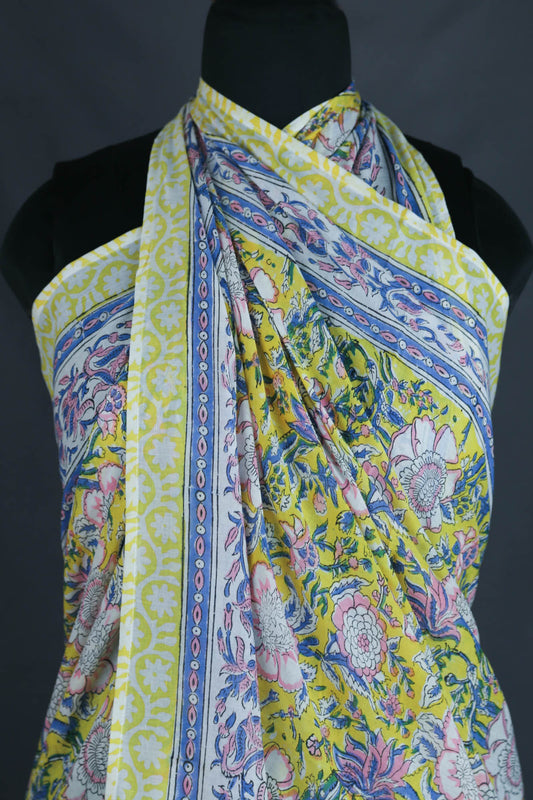 Hand Block Print Voile Soft Cotton Sarong - Yellow Pink Blue Floral