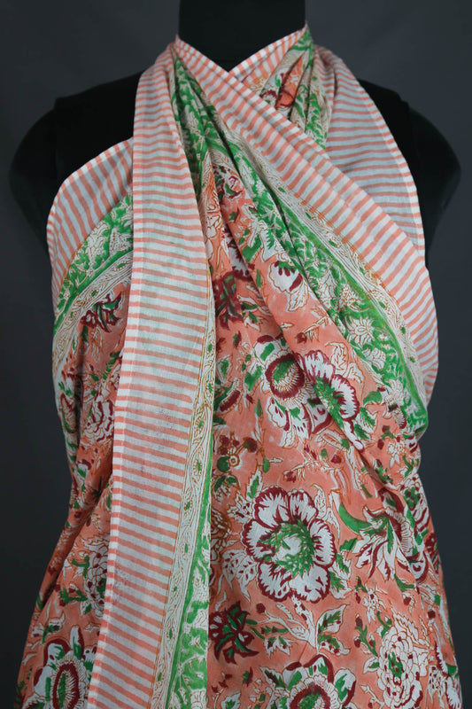 Hand Block Print Voile Soft Cotton Sarong - Coral Pink Floral