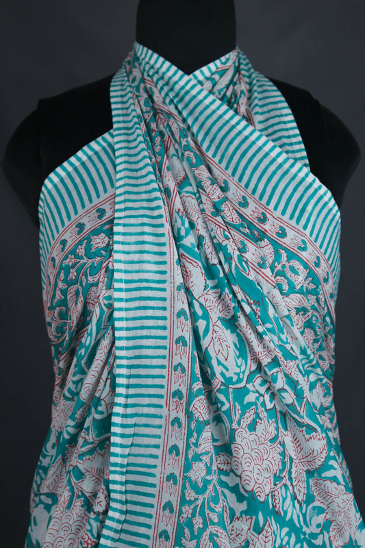 Hand Block Print Voile Soft Cotton Sarong - Teal White Floral