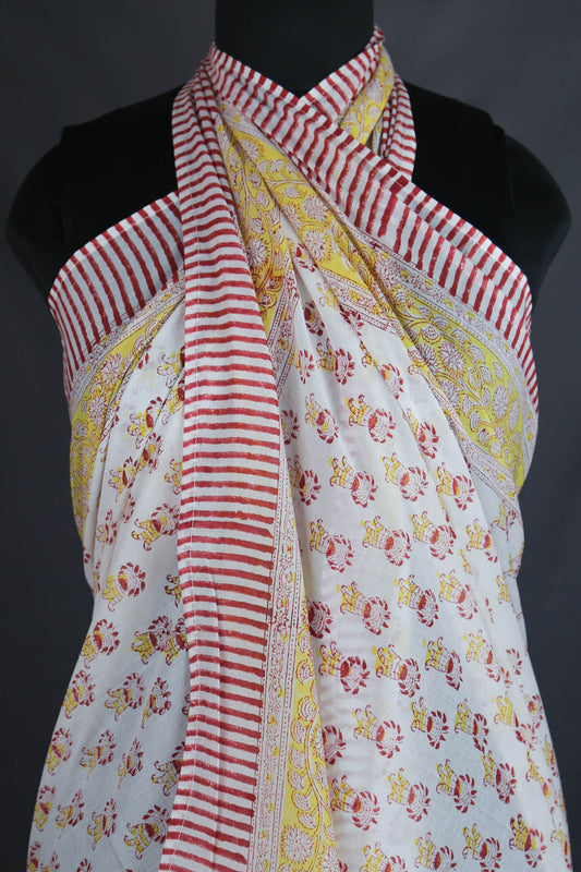 Hand Block Print Voile Soft Cotton Sarong - White Yellow Small Plant