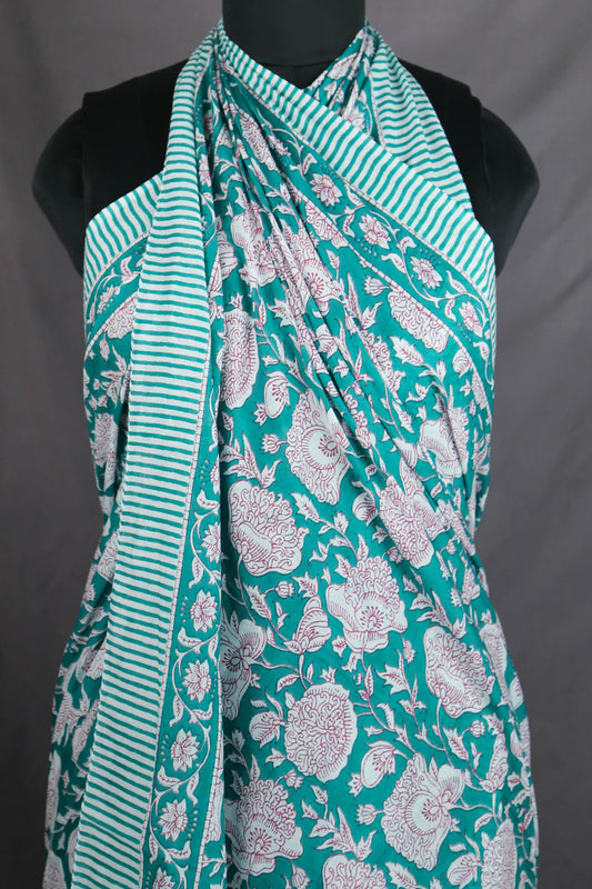 Hand Block Print Voile Soft Cotton Sarong - Paris Green Floral