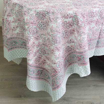 Block Printed Rectangle Tablecloth Table Cover- White Floral