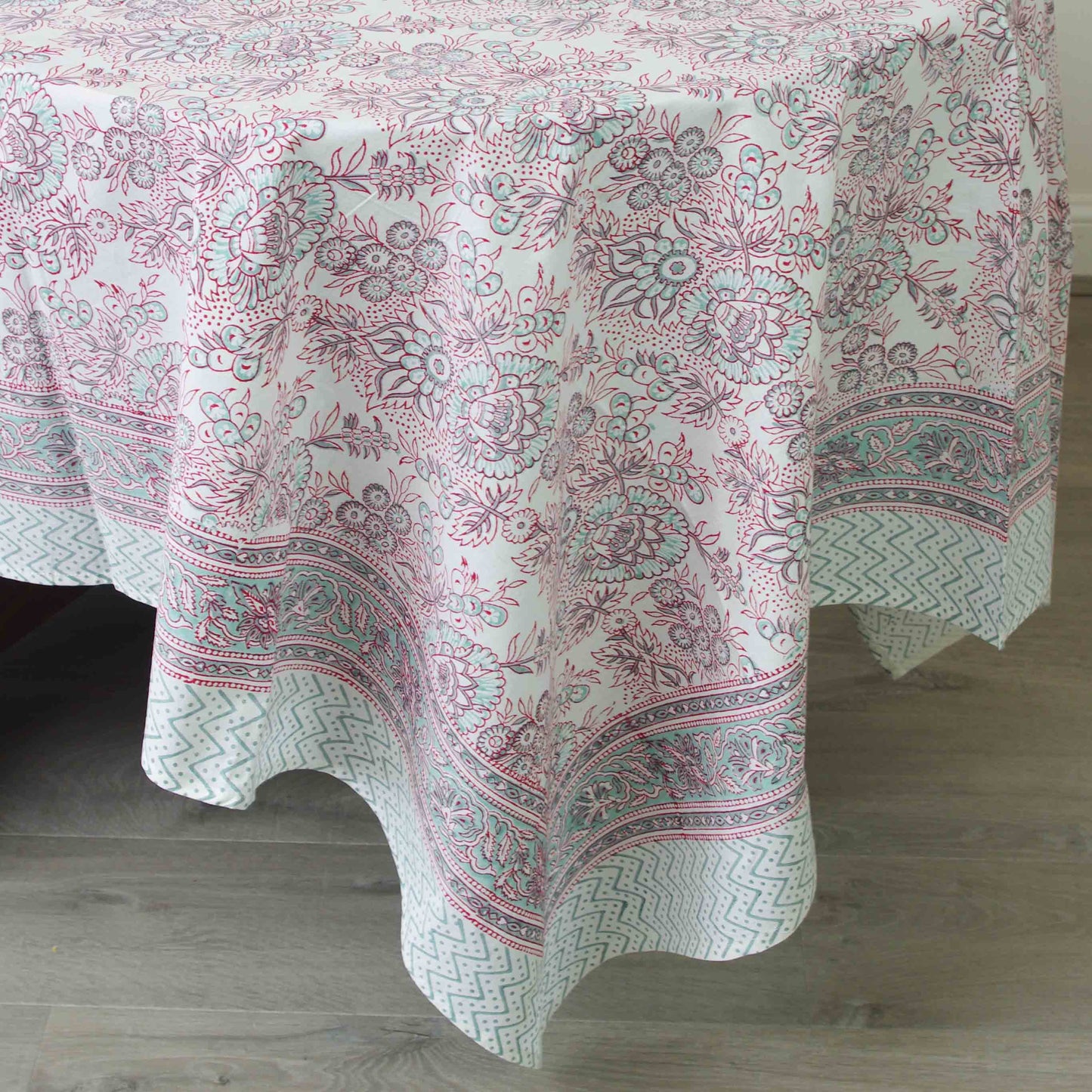 Block Printed Rectangle Tablecloth Table Cover- White Floral