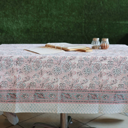 Block Printed Rectangle Tablecloth Table Cover- White Floral