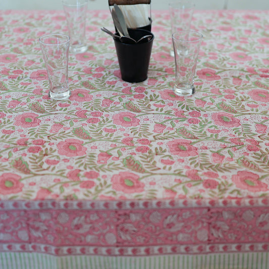 Block Printed Rectangle Tablecloth Table Cover- White Pink Floral