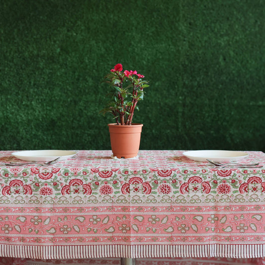 Block Printed Rectangle Tablecloth Table Cover- White Dark Pink Floral