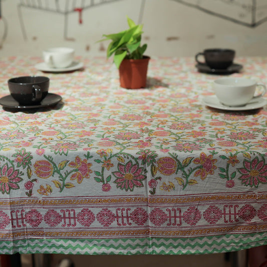 Block Printed Rectangle Tablecloth Table Cover- Pink Mauve Floral