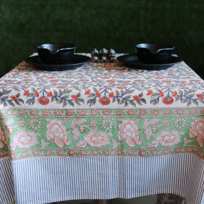 Block Printed Rectangle Tablecloth Table Cover- White Red Floral