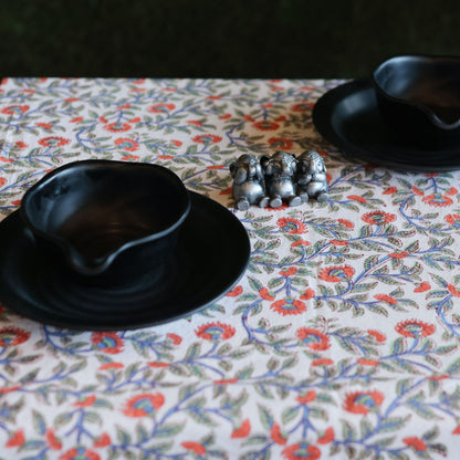 Block Printed Rectangle Tablecloth Table Cover- White Red Floral