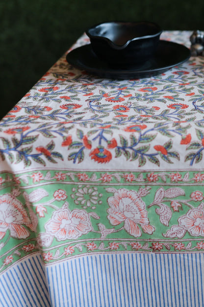 Block Printed Rectangle Tablecloth Table Cover- White Red Floral