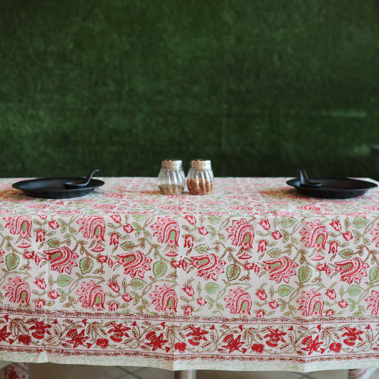 Block Printed Rectangle Tablecloth Table Cover- Cream White Red Floral