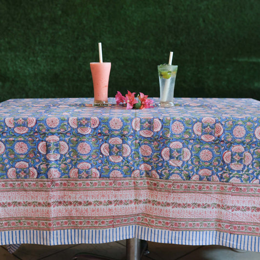 Block Printed Rectangle Tablecloth Table Cover- Blue Pink Floral