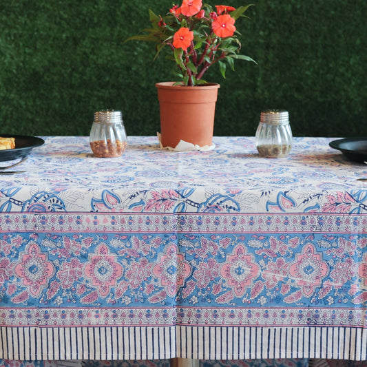 Block Printed Rectangle Tablecloth Table Cover- White Blue Floral