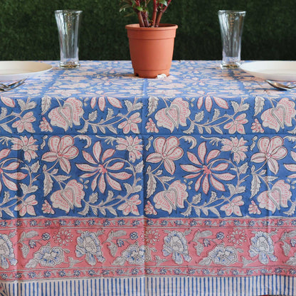 Block Printed Rectangle Tablecloth Table Cover- Blue Floral