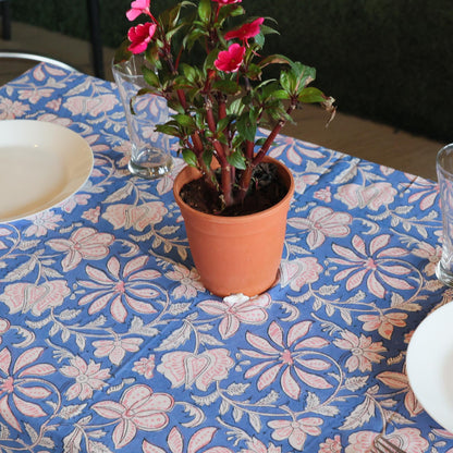 Block Printed Rectangle Tablecloth Table Cover- Blue Floral