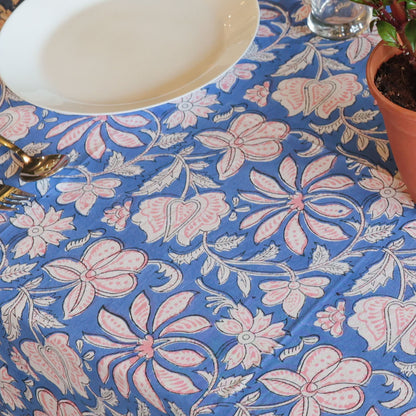 Block Printed Rectangle Tablecloth Table Cover- Blue Floral