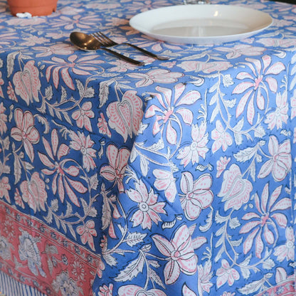 Block Printed Rectangle Tablecloth Table Cover- Blue Floral