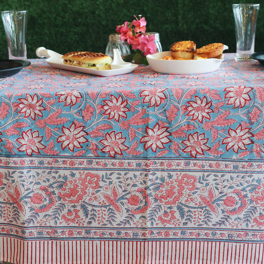 Block Printed Rectangle Tablecloth Table Cover- Blue Red Floral